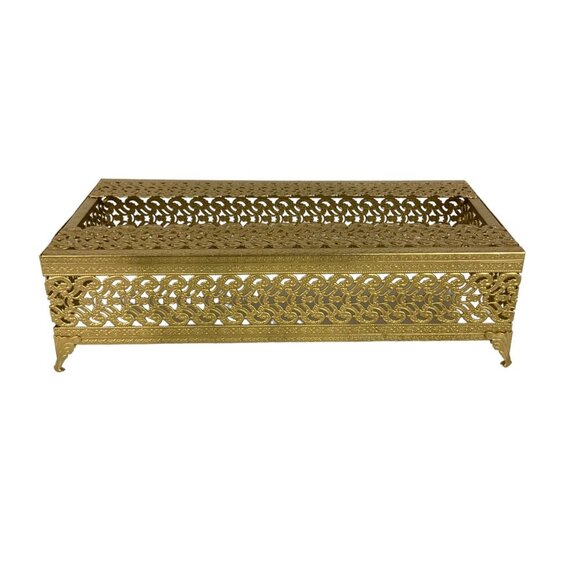 Gold Gilt Metal Filigree Tissue Box Holder Rectangular Footed Hollywood Regency - Picture 5 of 6
